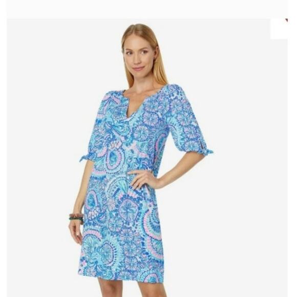 Lilly Pulitzer Easley V-Neck Knit Dress Blue Shell Print Women’s Large - Picture 1 of 8